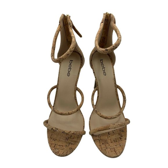 Bebe BERDINE Size 8.5 Glittery Cork Ankle Strap High Heels EUC - Picture 2 of 10